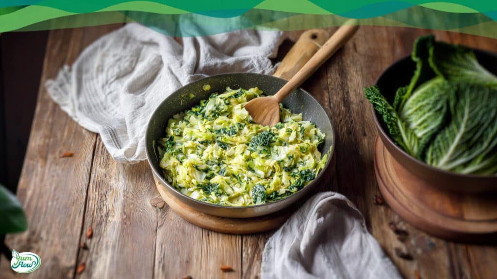 Rahm-Wirsing vegan – One Pot 16 Veganer Rahm-Wirsing in einer Pfanne.