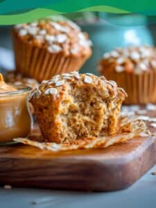 Vegane Erdnussbutter Muffins mit Haferflocken 12 vegane Erdnussbutter Muffins mit Haferflocken Erdnuss und Apfel lecker präsentiert.
