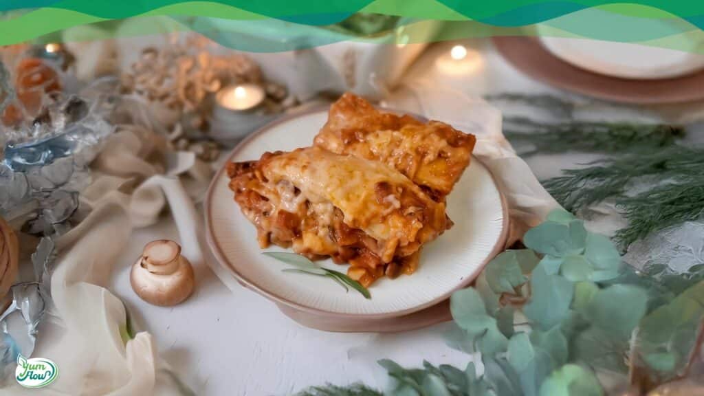 vegane Lasagne Rezept, high protein, low carb, mit pilzen lecker angerichtet