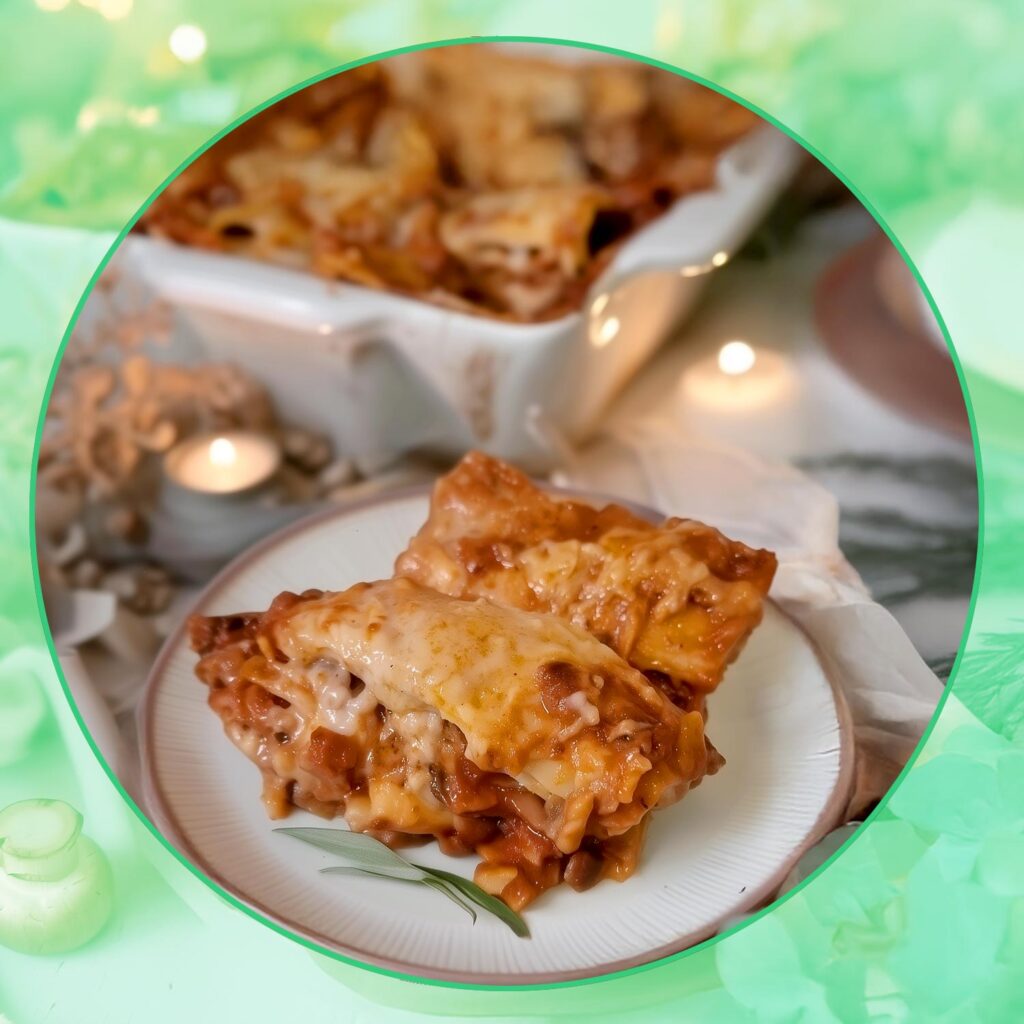 vegane Lasagne Rezept, high protein, low carb, mit pilzen lecker angerichtet