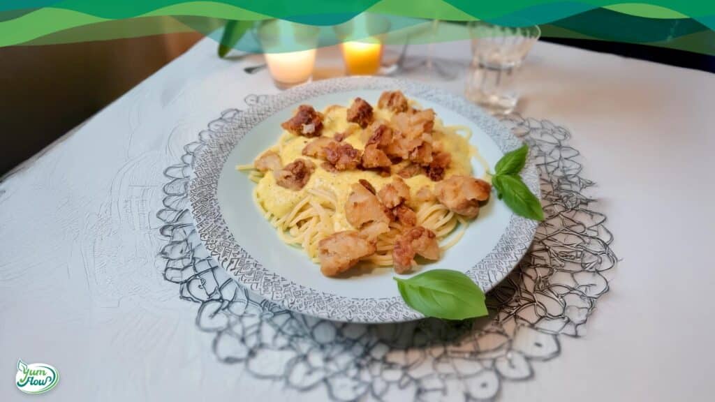 Tempeh Rezept knusprig gebraten + cremig mit Pasta vegan knusprig cremig low carb high protein