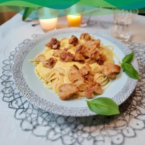 Tempeh Pasta - knusprig + cremig 5 Tempeh Rezept knusprig gebraten + cremig mit Pasta vegan knusprig cremig low carb high protein