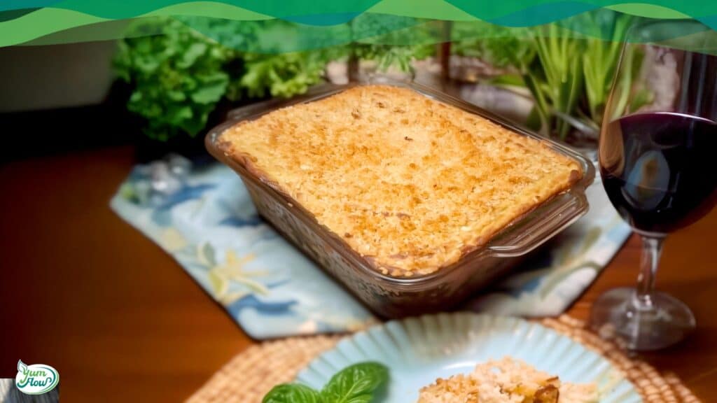 Cremiges veganes Mac and Cheese in einer Auflaufform, Rezept von YumFlow, low carb, high protein