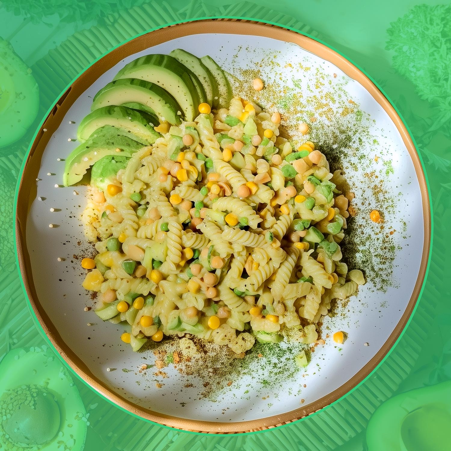 veganer nudelsalat mit avocado, pflanzliches rezept - high protein und low carb