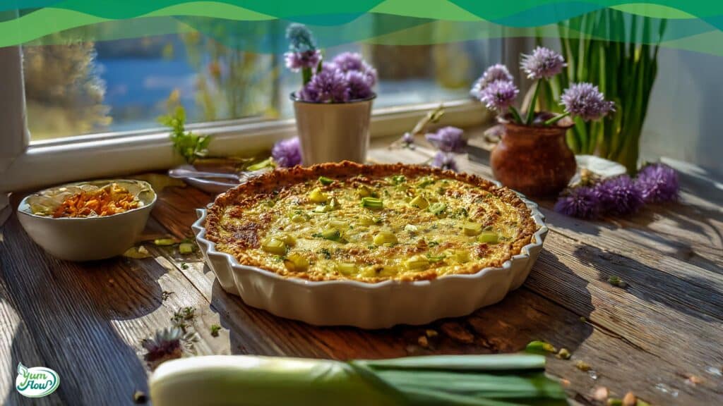 Lauchkuchen vegan auf einem Teller low carb und high protein zubereitet