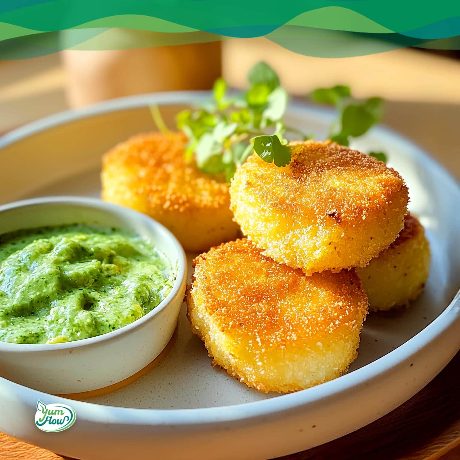 Kartoffelbrei Taler 13 Kartoffelbrei Taler mit Erbsen Dip pflanzlich vegan gekocht