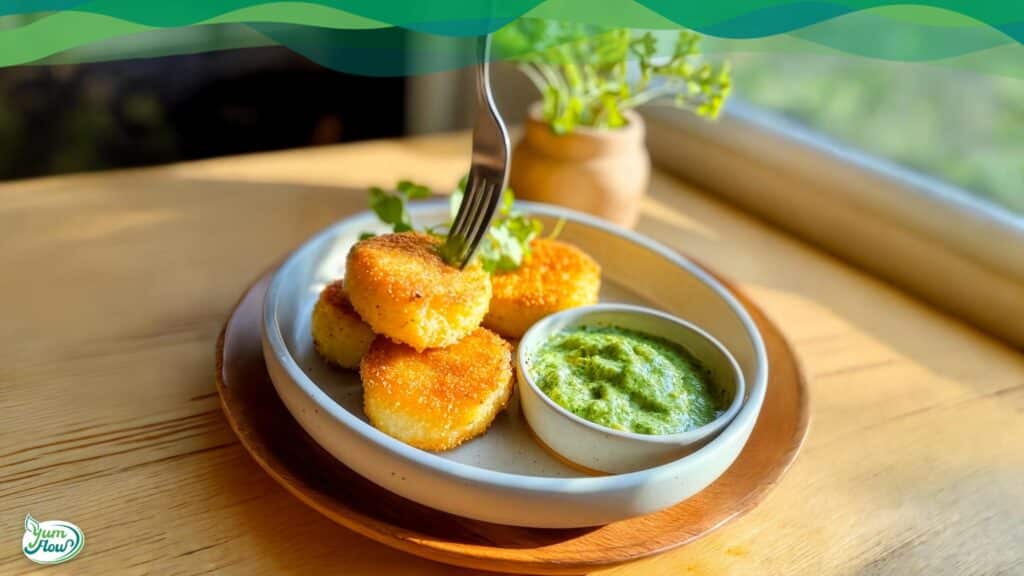 Kartoffelbrei Taler 19 Kartoffelbrei Taler mit Erbsen Dip pflanzlich vegan gekocht