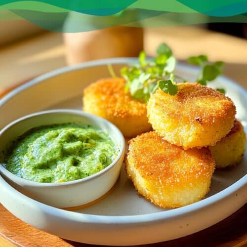 Kartoffelbrei Taler 10 Kartoffelbrei Taler mit Erbsendip
