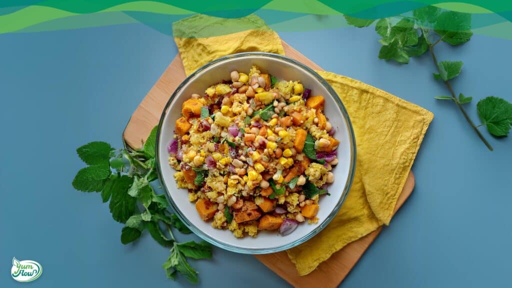 Süßkartoffel Polenta Salat vegan als alltagstaugliches veganes Rezept