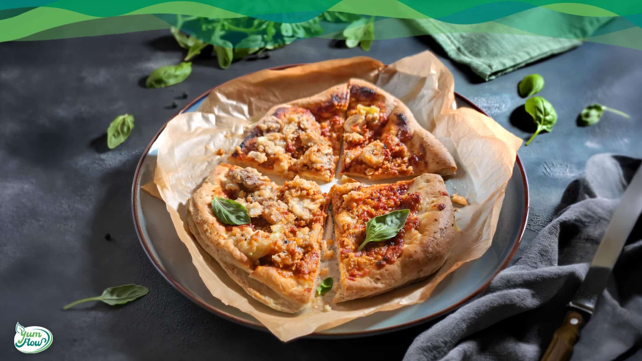 Veganer Low Carb Pizzateig 11 Veganer Low Carb Pizzateig für proteinreiche Low Carb Pizza mit frischem Basilikum