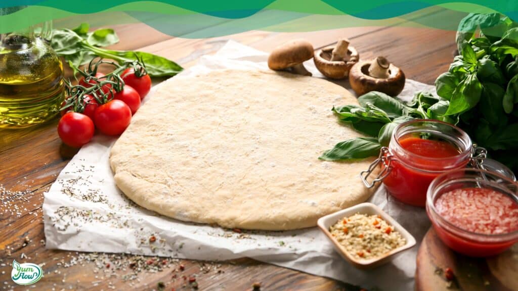 veganer Pizzateig ausgerollt auf Tisch
