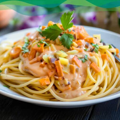 Vegane Maronen-Sauce 1 vegane Maronen-Sauce mit Gemüse und Pasta