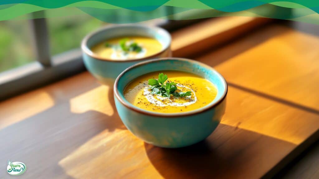 Möhren-Kokos-Suppe vegan 14 Zwei Schalen mit Möhren-Kokos-Suppe vegan