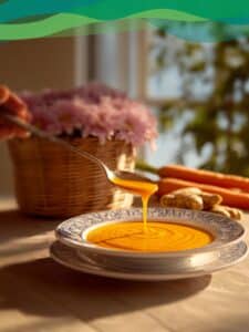 Möhren-Kokos-Suppe vegan mit Kokosnuss, elegant serviert.
