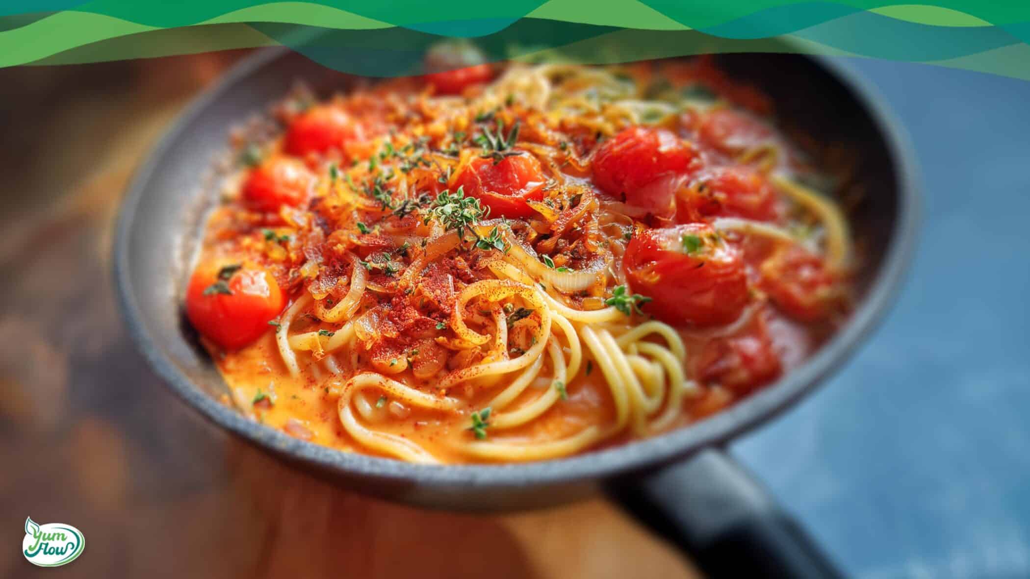 vegane Tomaten-Kokos-Sauce mit Pasta und Kräutern