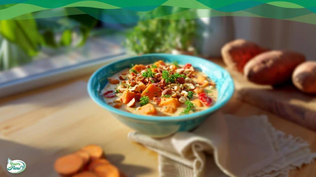 Erdnuss-Süßkartoffel-Curry vegan in einem Teller angerichtet