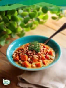 Veganer Erdnuss-Süßkartoffel-Curry in Schüssel