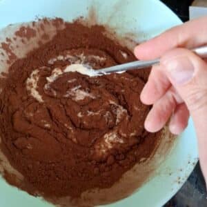 Kakaopulver wird mit einer Gabel gemischt für veganen glutenfreien Marmorkuchen Low Carb