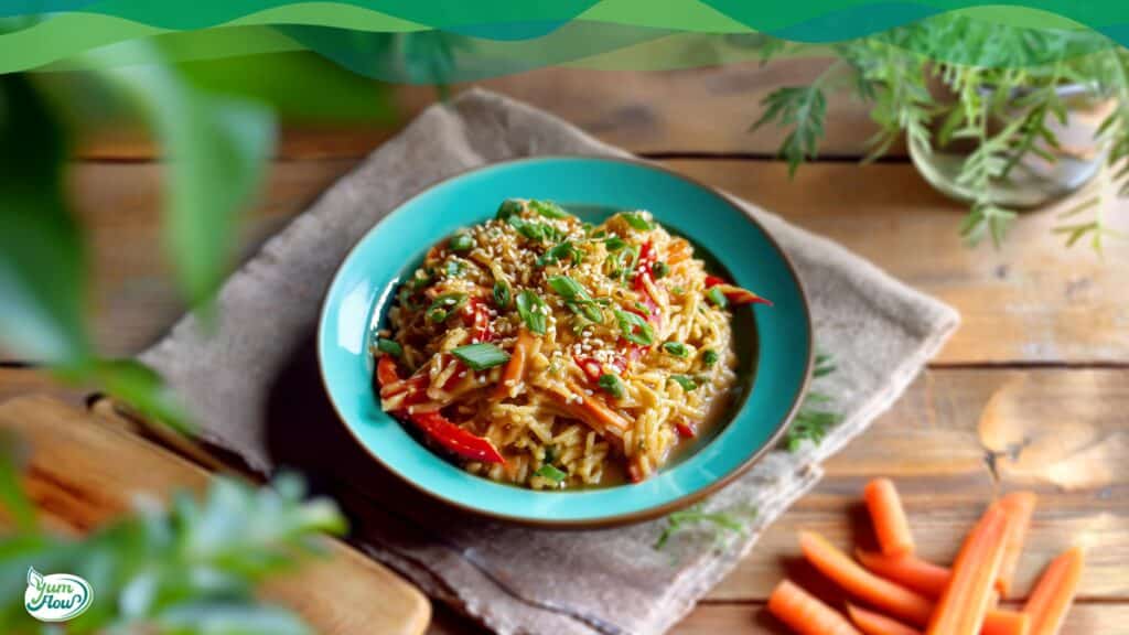vegane Asia Reispfanne mit buntem Gemüse und Erdnuss-Sauce