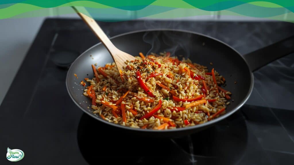 Asia Reis mit Erdnuss-Sauce – One Pot 14 Vegane Asia- Reispfanne mit buntem Gemüse und Erdnuss-Sauce in der Pfanne