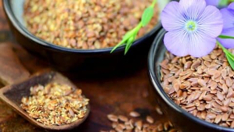 Omega 3 vegan 14 Leinsamen in Schalen mit Blumen