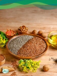 Omega 3 vegan 12 Omega 3 vegan aus gesunden Samen und Nüsse auf Holz