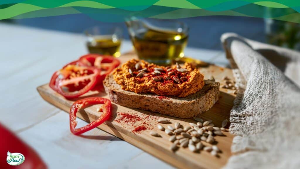 Sonnenblumen Paprika Aufstrich vegan auf Holzbrett