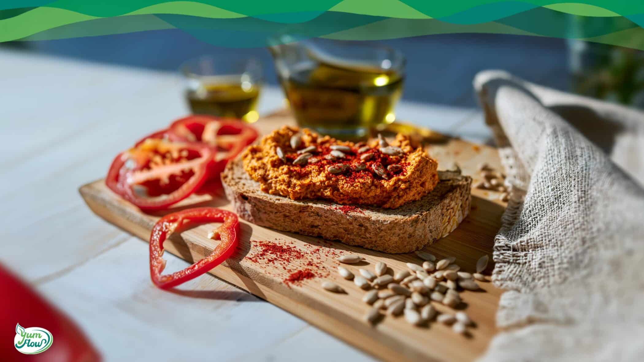 Sonnenblumen Paprika Aufstrich 11 Sonnenblumen Paprika Aufstrich vegan auf Holzbrett