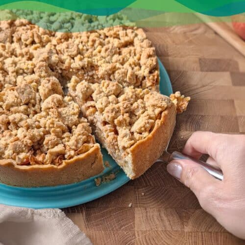 Apfel-Streusel-Kuchen mit Pudding 7 Apfelstreusel mit Pudding wird serviert